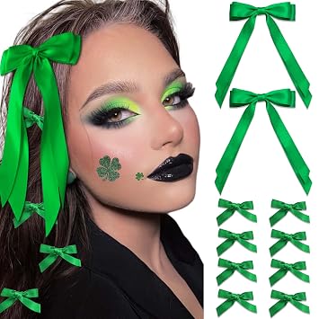 Green Hair Bows St. Patricks Day Bow For Girls Double Layer Ribbon Mini Bow Clips Small Bowknot Barrettes St. Patricks Day Hair Accessories For Girls Women Party Decor