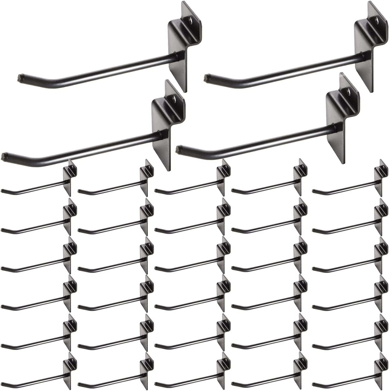 HNBun 32Pack Slatwall Hooks, 4” Heavy Duty Panel Display Hooks, Commercial Grade Slat Board Hooks for Panel, 1/4” Thickness Metal Slatwall Deluxe Hooks for Garage Shop Retail Display, Black