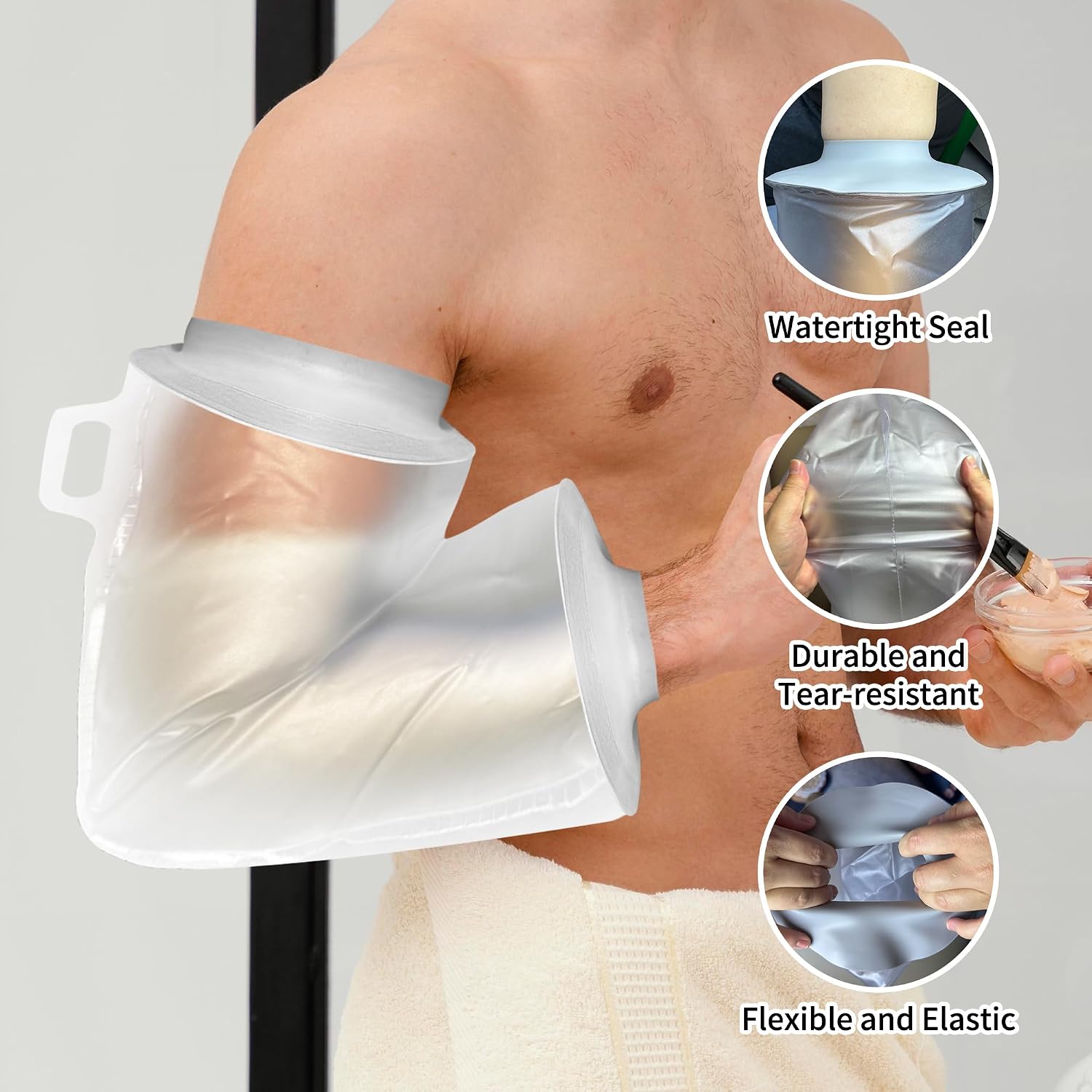 PICC Line Shower Cover for Upper Arm | New Silicone Waterproof PICC Line Shower Arm with 2 PICC Line Cover for Chemotherapy Shower, Elbow Wound, Bandage and IV Dressing Protection (Grey Silicone L)