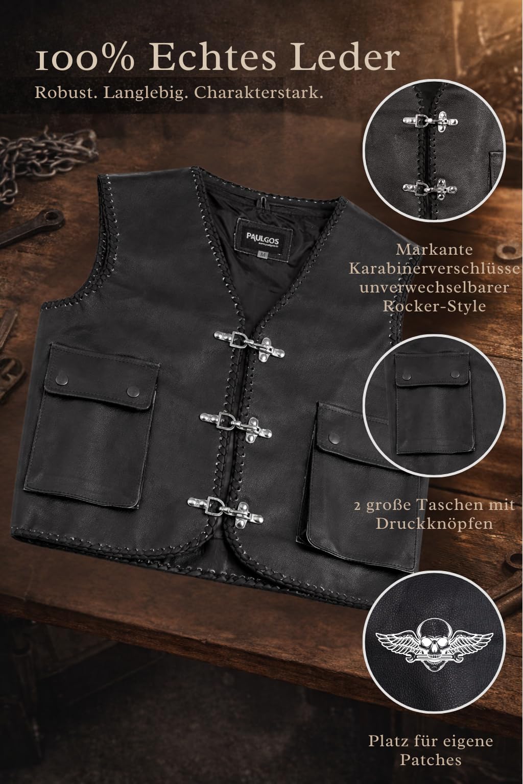 PAULGOS Lederweste Weste Kutte Leder Biker Rocker Motorrad Clubweste Bikerweste Motorradweste Schwarz BW5