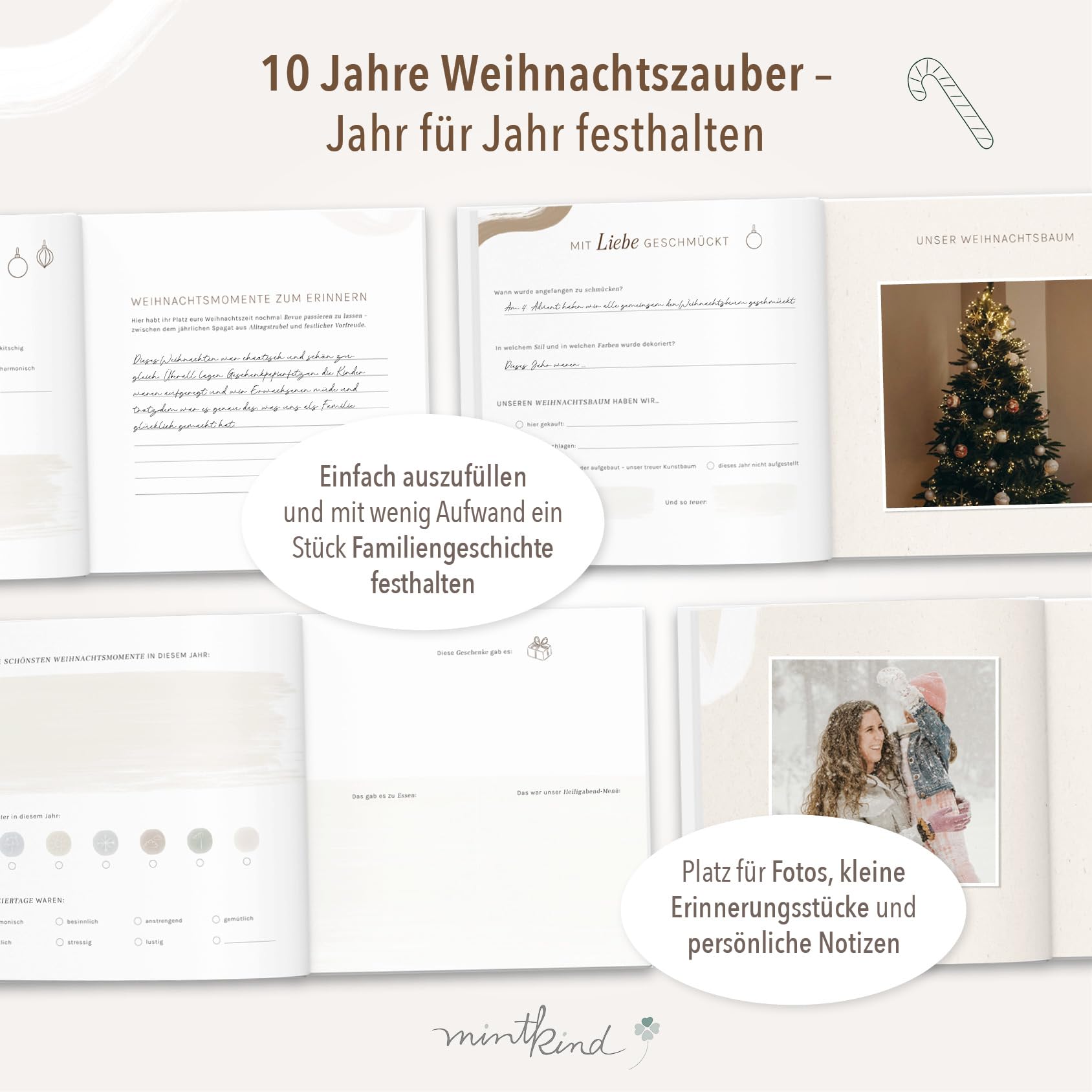 mintkind® Erinnerungsbuch Familie Weihnachten, Fotobuch 10 Jahre Weihnachtszauber mit Platz für Fotos Rezeptseiten Ritualen Notizen, Premium Papier, Leinen-Hardcover, 24x22 cm, Rot