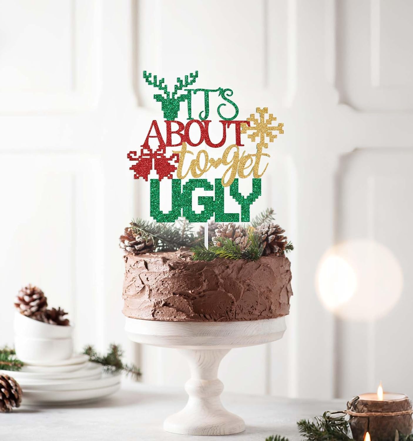 It's About to Get Ugly Cake Topper, Christmas Ugly Sweater Party Decorations, Funny Xmas Party Decoration Supplies, Funny Sweater Winter Holiday Decor Green & Red Glitter image 4