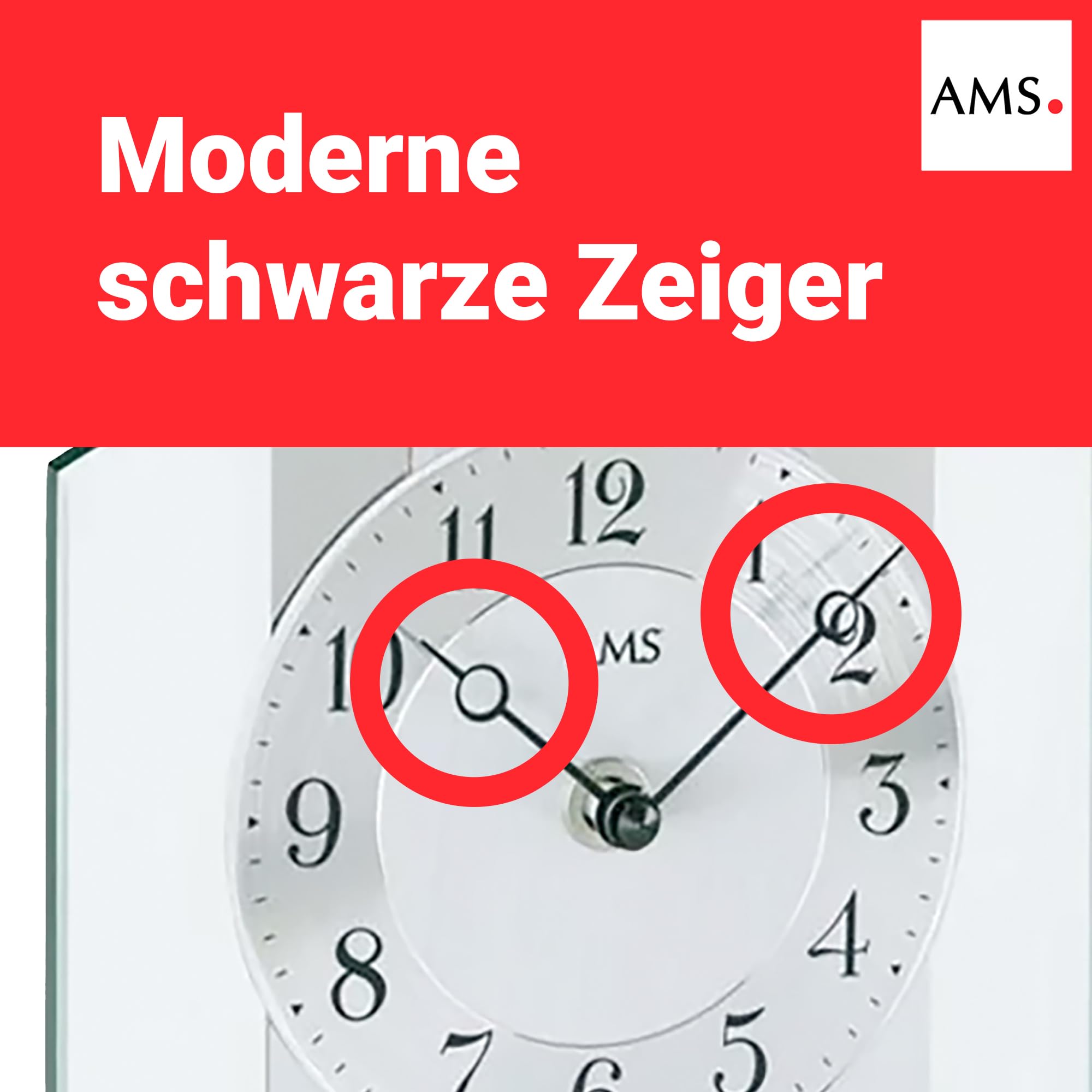 AMS 1120 Moderne Tischuhr mit Geräuschlosem Quarzwerk, Analog, Silbernes Zifferblatt mit Arabischen Ziffern, Mineralglas und Metall, Schwarze Zeiger, Maße: 20 x 20 x 6 cm