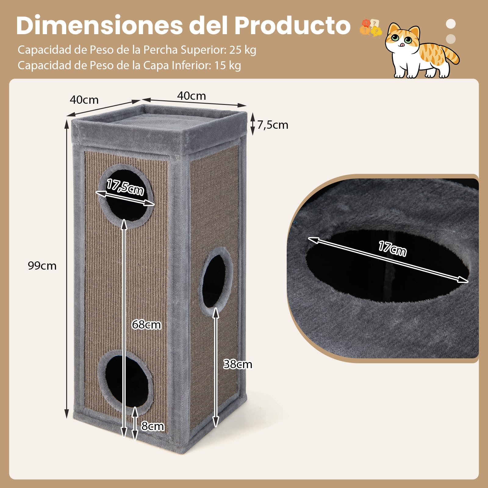 GYMAX Condo para Gatos de 4 Pisos, Torre de Actividades para Gatos, Árbol Rascador con Plataformas, Juguete Interactivo con 3 Cuevas, Almohadillas Suaves Extraíbles en Forma de Barril