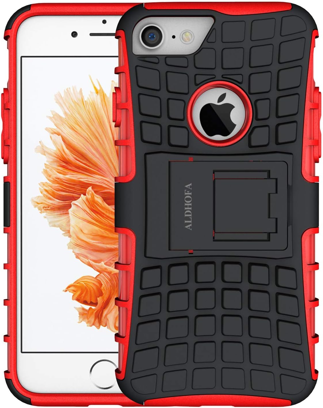 ALDHOFA iPhone 7 Case,Heavy Duty Design Shockproof Protective Back Cover Phone Case with Kickstand for iPhone 7 - RED