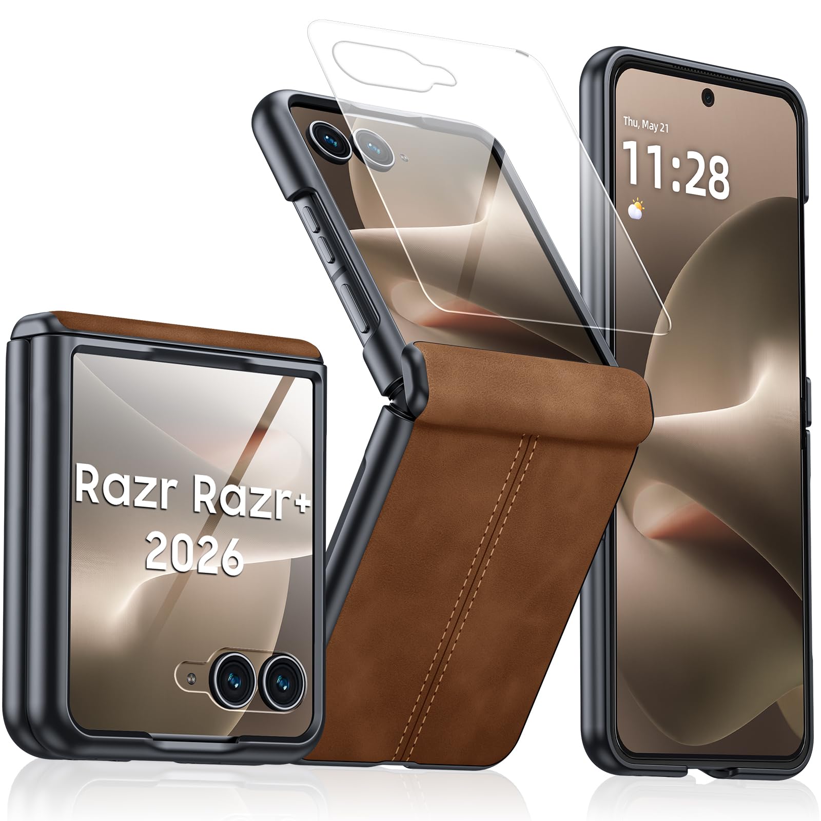 for Motorola Razr+ Plus 2026 Case/Razr+ Plus 2025 Case with Hinge Protection &amp; Built-in Outer Screen Protector, PU Leather Matte PC Shockproof Cover, Ultra Slim Case for Razr+ 2026/2025-Brown