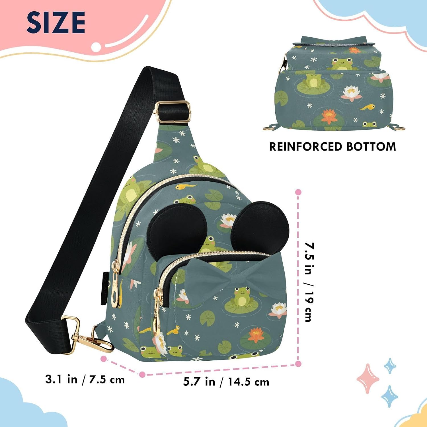 Sinestour Frogs Kids Crossbody Bags for Girls, 5.7x7.5x3.1In | Crossbody Fanny Pack, Toddler Purse, Cute Sling Belt Bag with Ears, 2L Small Shoulder Chest Bag for Travel