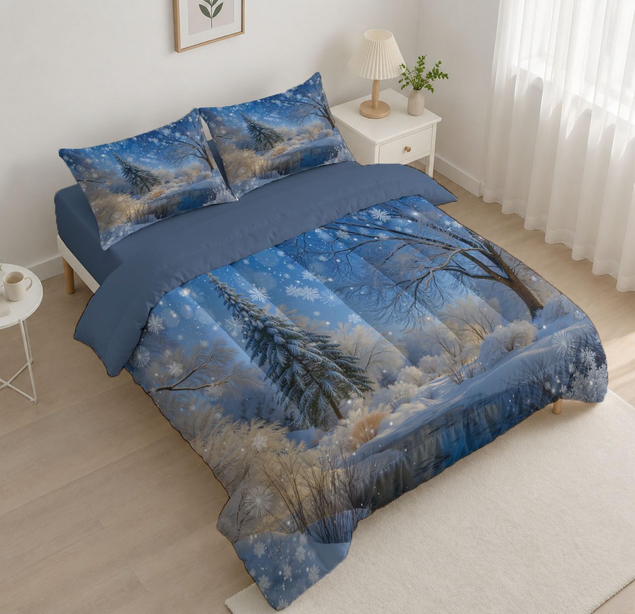 3 Piece Quilts Queen Size Bedding Set, Sky Blue Lightweight Bedspread, Soft Microfiber, Lake Snowflakes Pattern for All Season Bed Coverlet with 2 Pillow Shams, 90"X90"