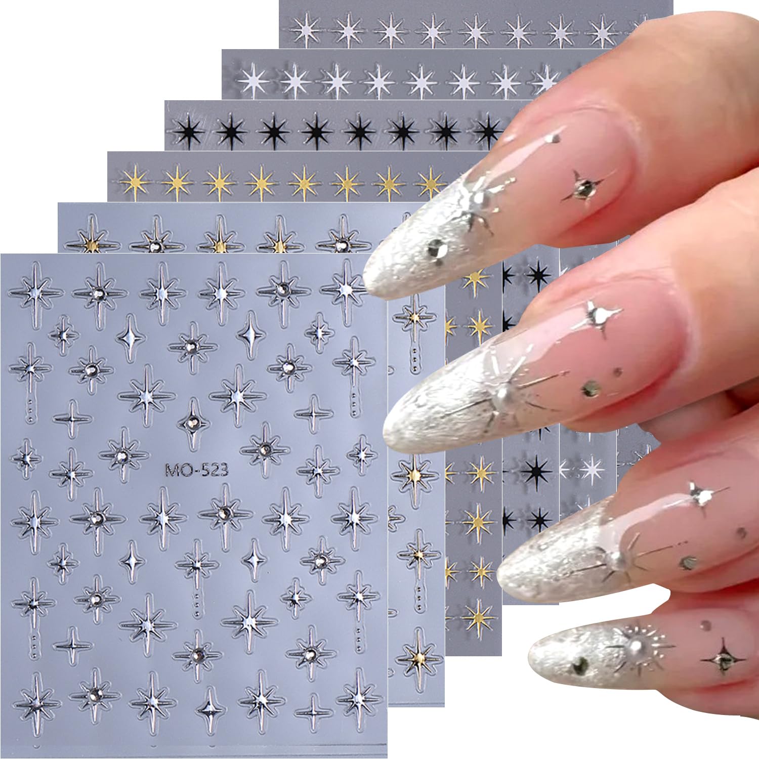 6 Sheets Star Nail Art Stickers Decals 3D Self-Adhesive Shiny Gold Silver White Black Star Nail Stickers with Rhinestones Designs Gem Nail Decals for