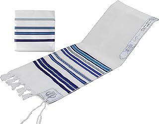 Zion Judaica Ltd Bnei Ohr Wool Tallit Shawl Multi Blue Tone Striped Woolen Prayer Shawl with Matching Bag Certified Kosher Tzitzit from Israel (13