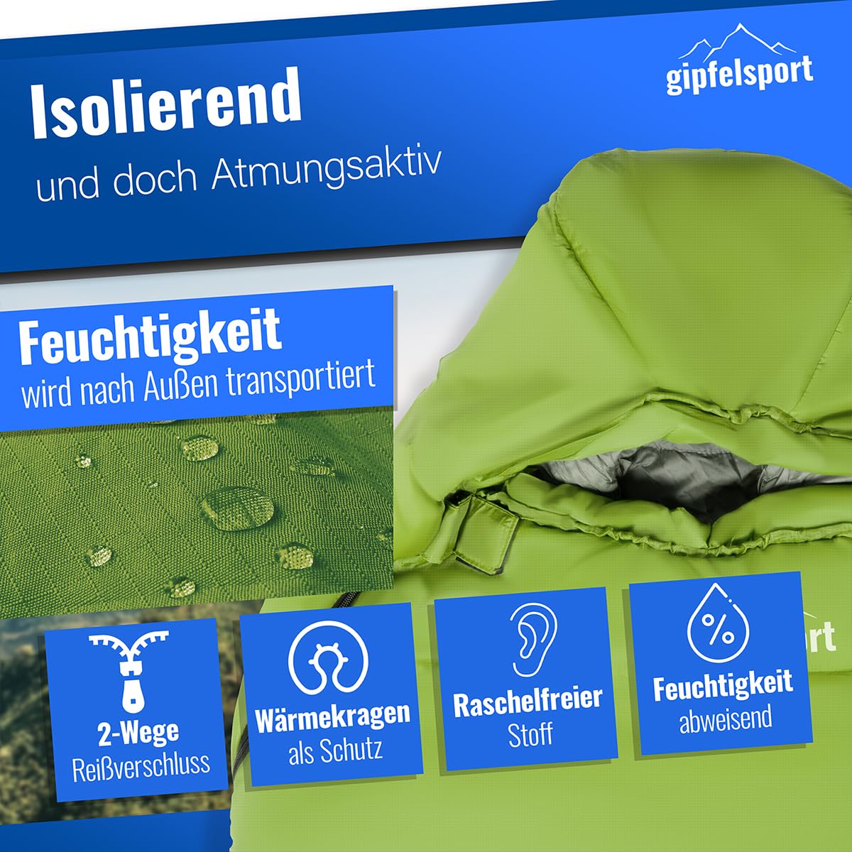 gipfelsport Sacco a Pelo - Sacco a Pelo Rettangolare per Outdoor con Borsa per Adulti e Bambini | per Inverno, Autunno e Primavera