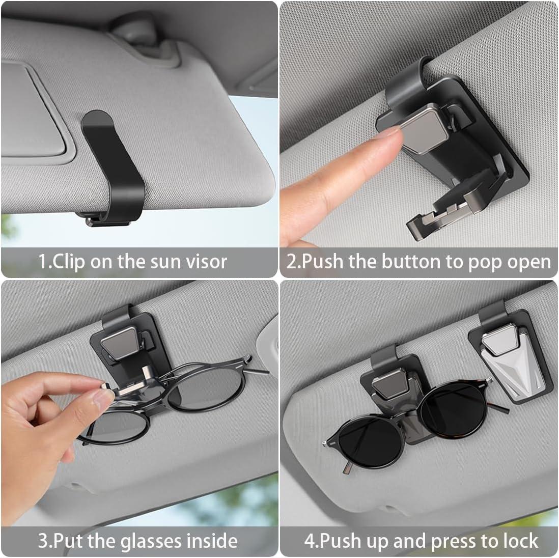 2 Pack Sunglasses Holders for Car Visor,Snap On Car Sunglasses Holders Clip,Car Visor Accessories for Most Glasses (Black Gray)
