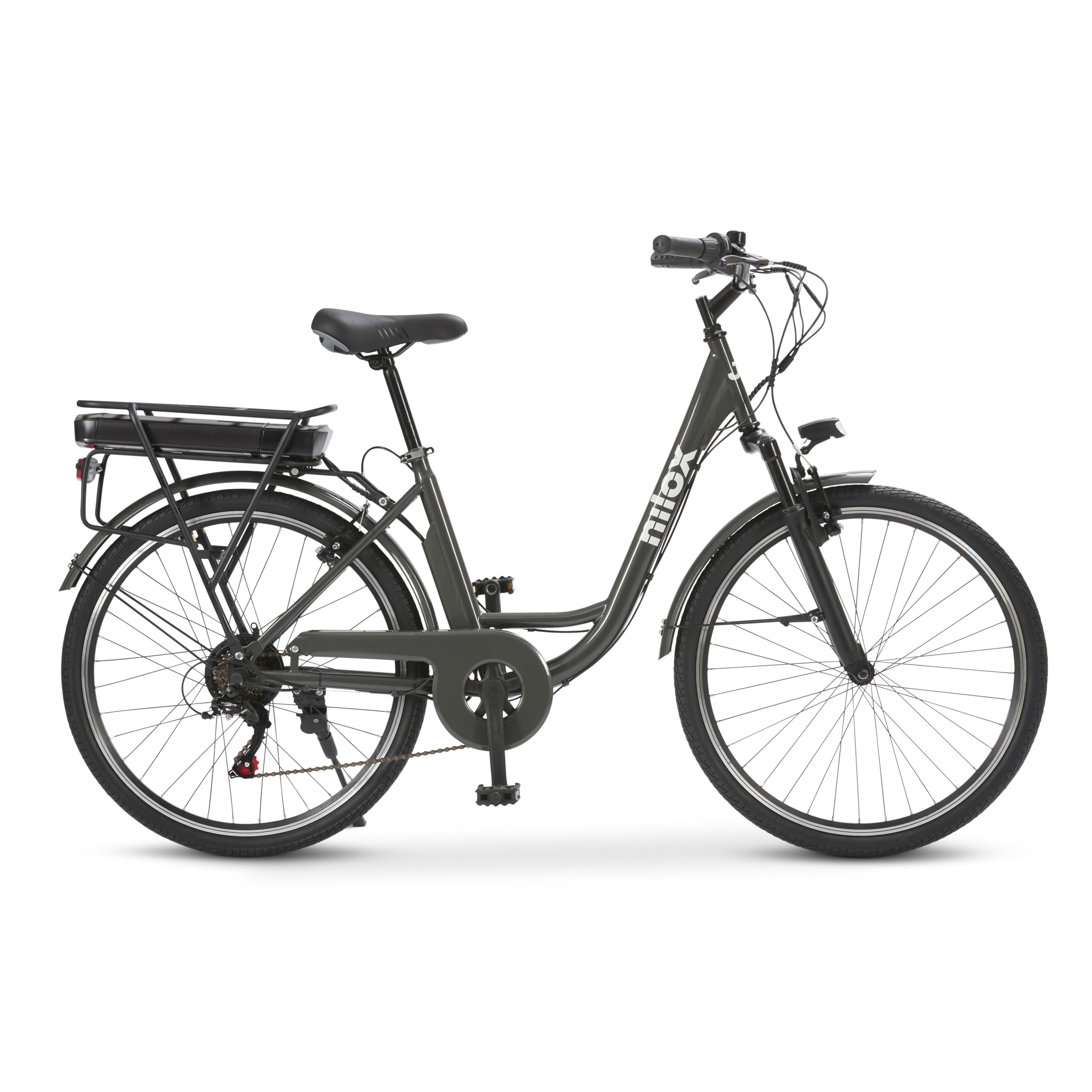Nilox J5 Pro E-Bike, Bici Elettrica 250 W Brushless,Ruote 26″, Autonomia fino a 65 km, Batteria 36 V/10 Ah Removibile, Velocità max 25 km/h, Cambio Shimano 6v, Sospensione Anteriore