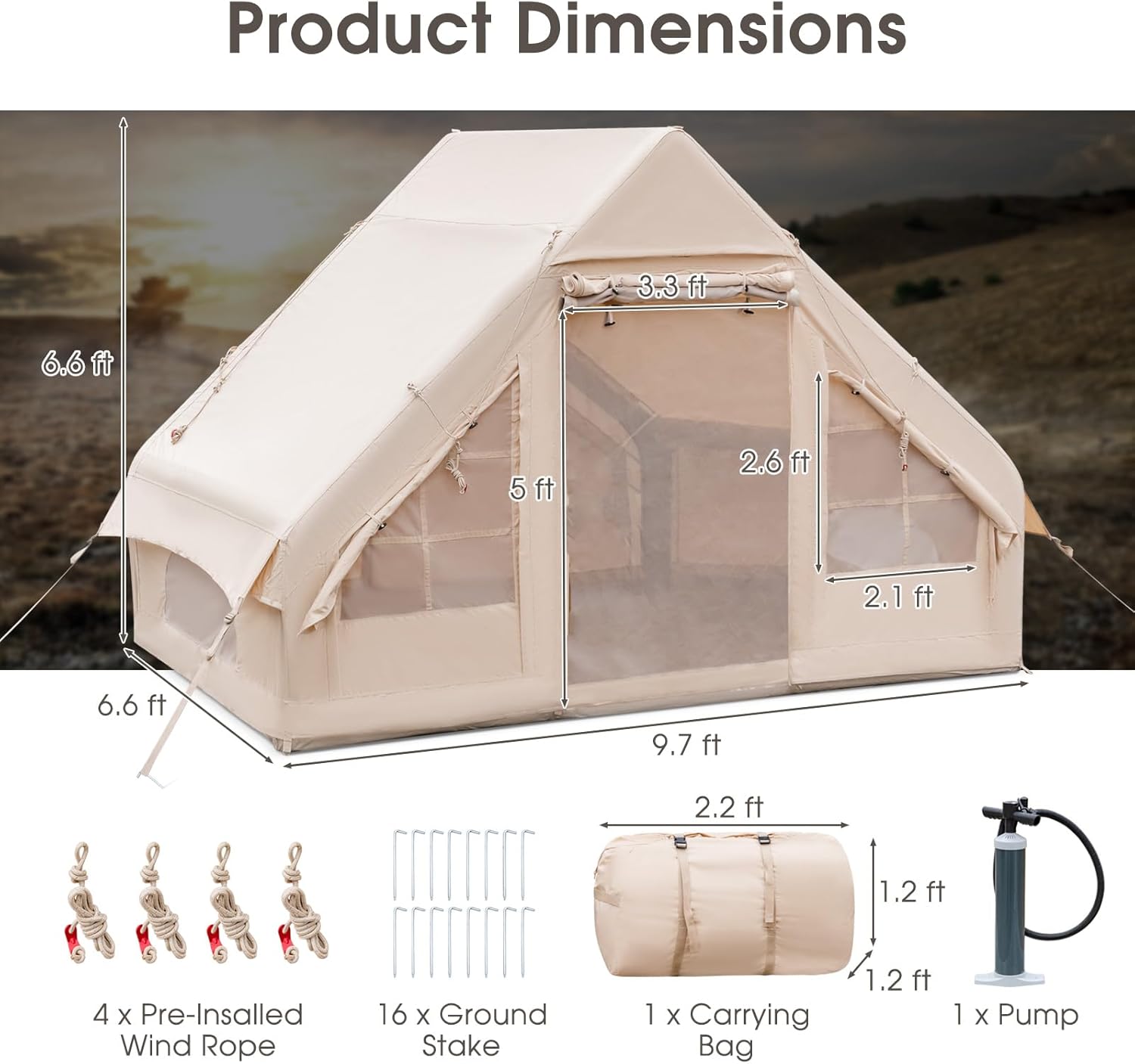 KOTEK Inflatable Camping Tent with Pump, Easy Setup Air Glamping Tents for 4-6 Persons, Inflatable Cabin Tent with Mesh Windows & Doors, 4 Season Blow up Tent, Portable with Carry Bag