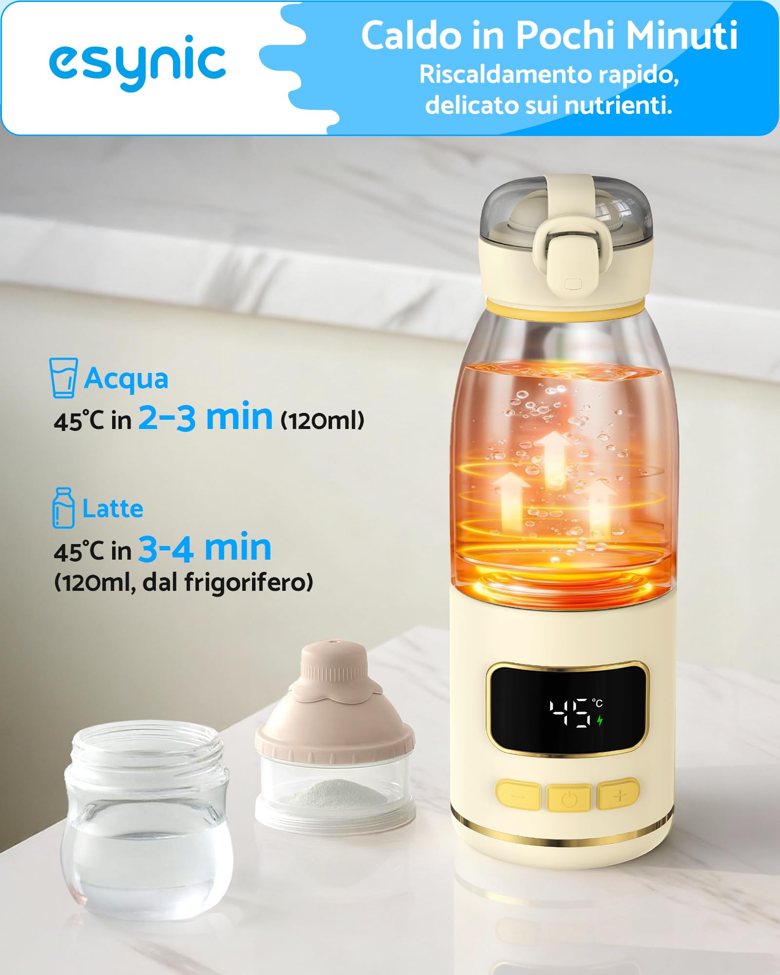 eSynic Scaldabiberon Portatile 450ml in Acciaio Inox, Riscaldamento Rapido 2-3 Minuti, Batteria Lunga Durata 15000mAh, LED Display Temperatura 37-55°C, Bottiglia Ricaricabile in Movimento