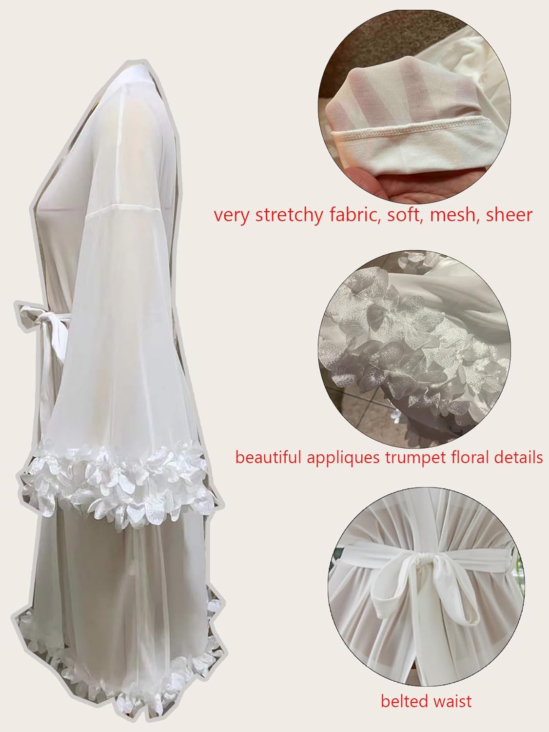 OYOANGLE Women's Mesh Sheer Appliques Trumpet Floral Sleeve Belted Sleep Robe Bridal Wedding Lingerie - Image 5