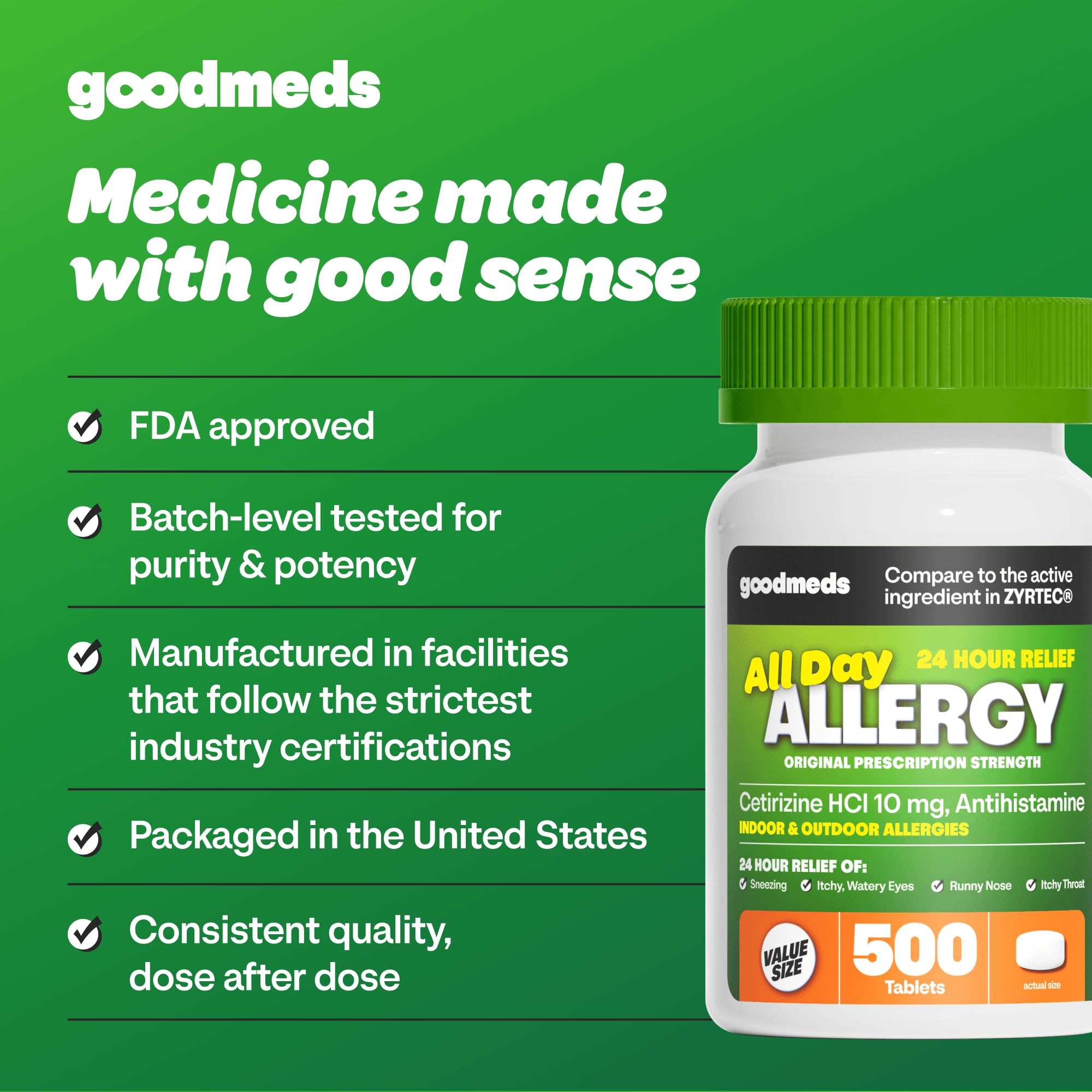 24-Hour Allergy Medicine 500-Count Non-Drowsy Antihistamine for Pollen, Hay Fever, Dry, Itchy Eyes, Allergies | Cetirizine HCl 10mg Tablets, Compare to Leading Brand — Amazon image 6