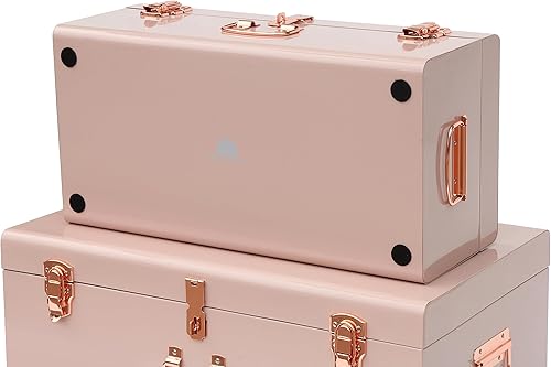 Miniatura 3 de Vixdonos Juego de 2 baúles decorativos de metal grande, organizador de baúl de almacenamiento con herrajes de oro rosa y asa para decoración del