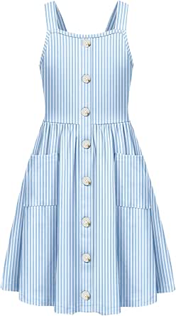 Arshiner Girl's Spaghetti Strap Button-Down Summer Casual Sundress