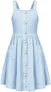 Arshiner Girls' Sleeveless Children's Dress Button Down Strap Dress Summer Cotton S…