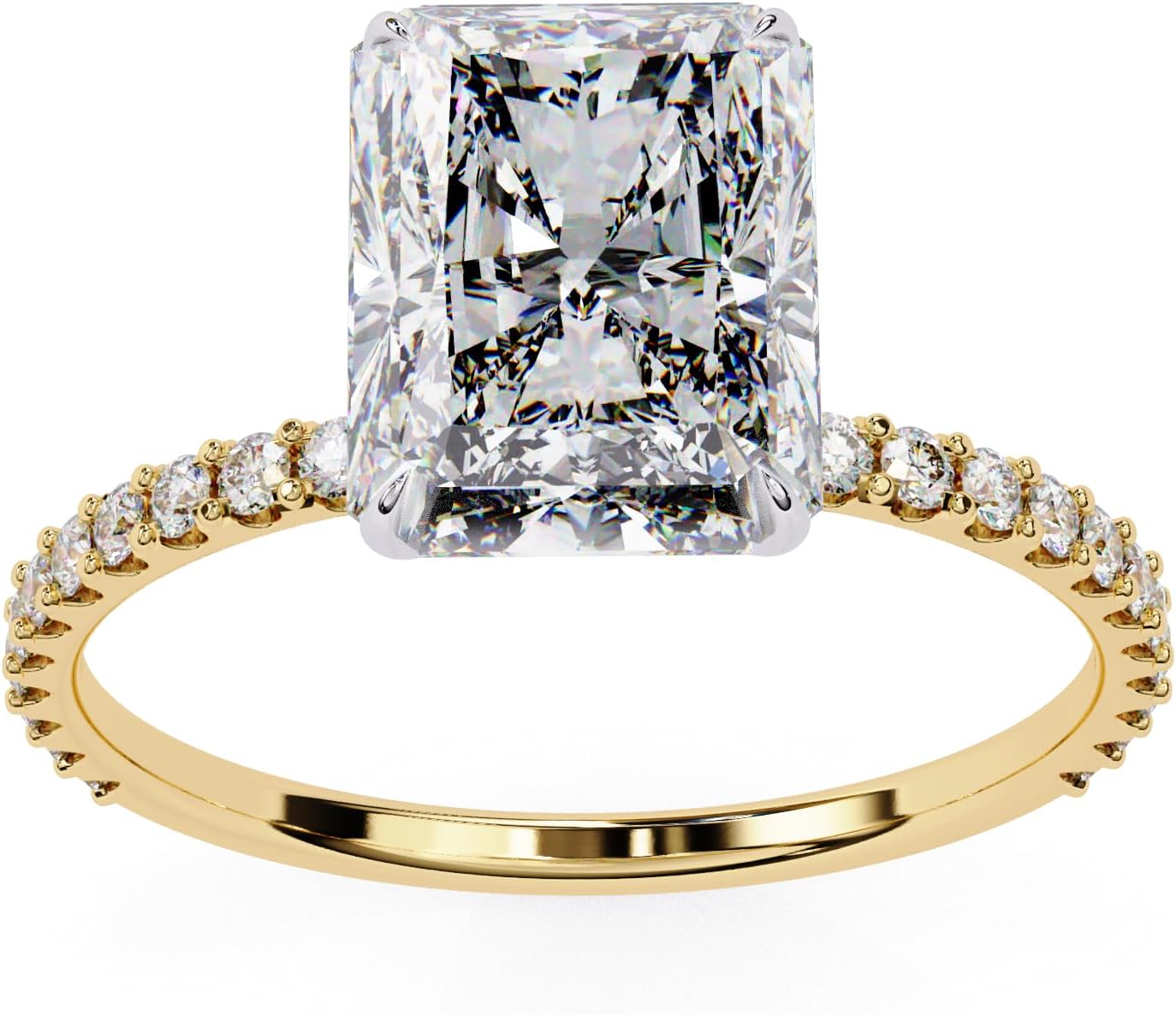 IGI Certified Radiant Cut Lab Diamond Ring with Hidden Halo & Pavé Band 14K, White, Yellow & Rose Gold, 2 to 10-Carat TW, E-F Color, VVS-VS Clarity (Ring Size-4.5 to 10.5)