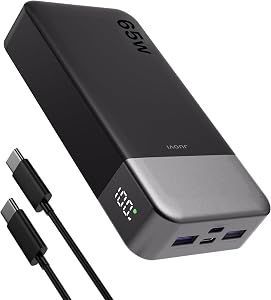 Chargeur portable JUOVI 65W 20000mAh, Power Bank pour ordinateur portable, charge rapide PD QC avec 4 ports USB, batterie externe pour MacBook iPad tablette téléphone Steam Deck et plus (Noir)