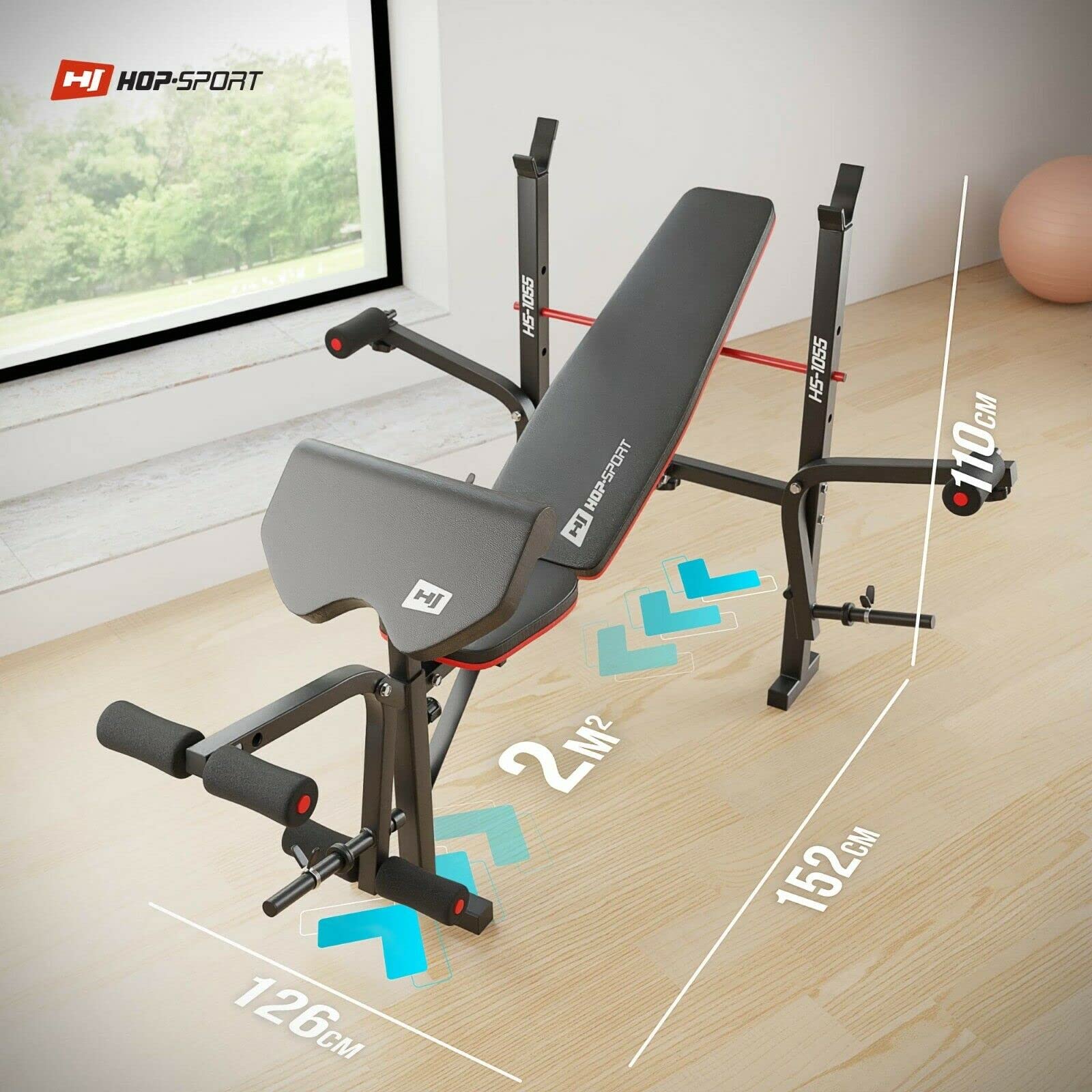 Hop-Sport Adjustable Fitness Bench HS-1055 Weight Station with Dumbbell Support, Curl Pult and Butterfly, Adjustable Training Bench for Bench Press