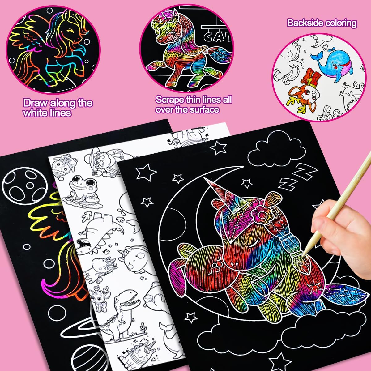 JUNQIU Scratch Art for Kids, Rainbow Scratch Paper Art Set - Unicorn, Arts and Crafts for Girls Boys Ages 4-8, Kid Activity & Christmas Crafts, Stocking Stuffers for Kids - Image 3