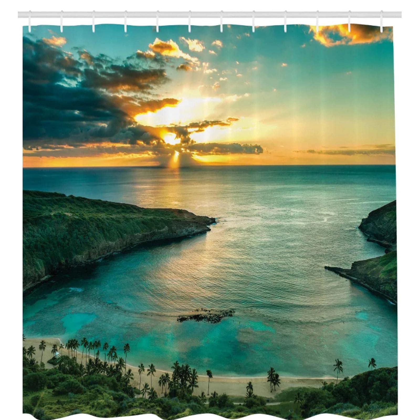 Amazon ハナウマ湾の日の出オアフハワイ雲の海岸線からの太陽光線 布生地バスルームの装飾シャワーカーテンフック 180x180cm シャワーカーテン ホーム キッチン オンライン通販