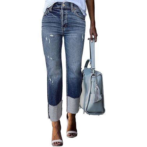 Sidefeel Womens Ripped Cuffed Jeans High Waisted Boyfriend Straight Leg Denim Pants
