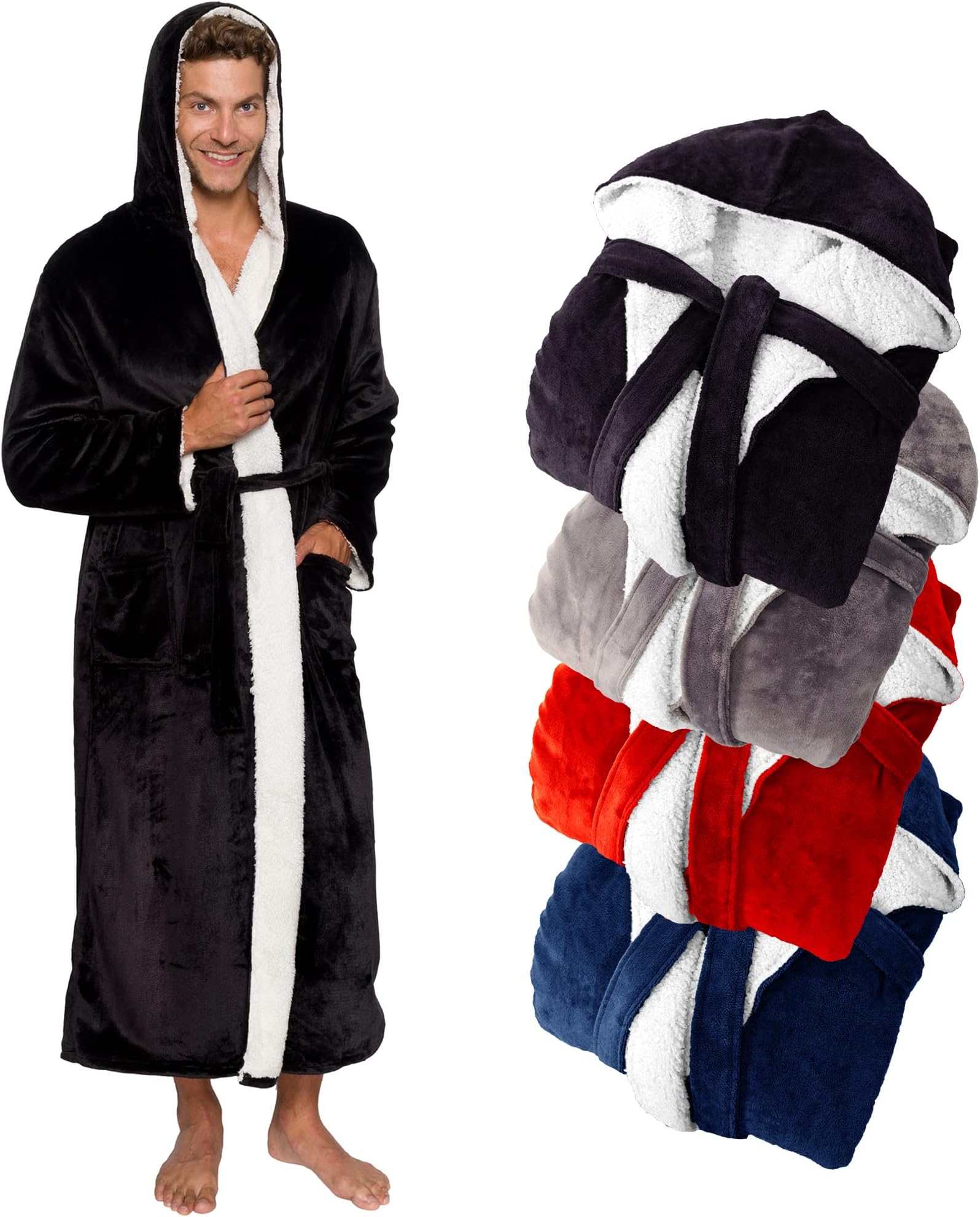 Mens Robe Hooded Sherpa Big and Tall - Long Plush Spa Bath Robe with Hood and Pockets - Gifts Men, Black, S-M