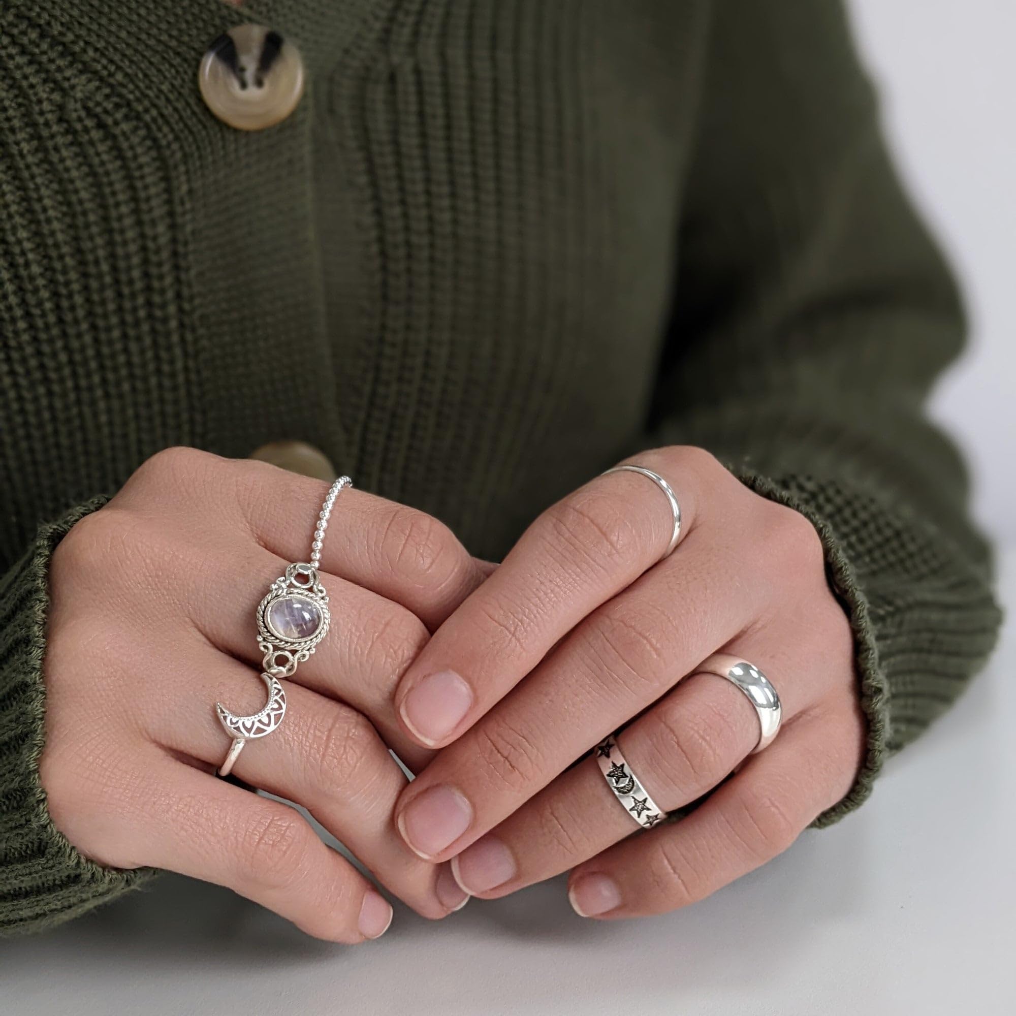 81stgeneration Anillo Cristal Piedra Lunar Plata de Ley 925 | Anillos Bohemios Promesa Piedras Preciosas Ovaladas Engastadas Bisel Adolescentes | Joyería India | Regalos Piedra Natal Junio Mujeres