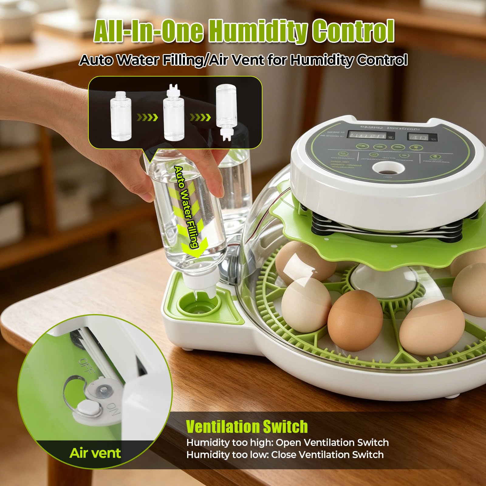 Incubadora para 8 huevos con giro automático, incubadora para incubar huevos con indicador de humedad, control de temperatura y llenado automático de agua para pollos, patos, codornices