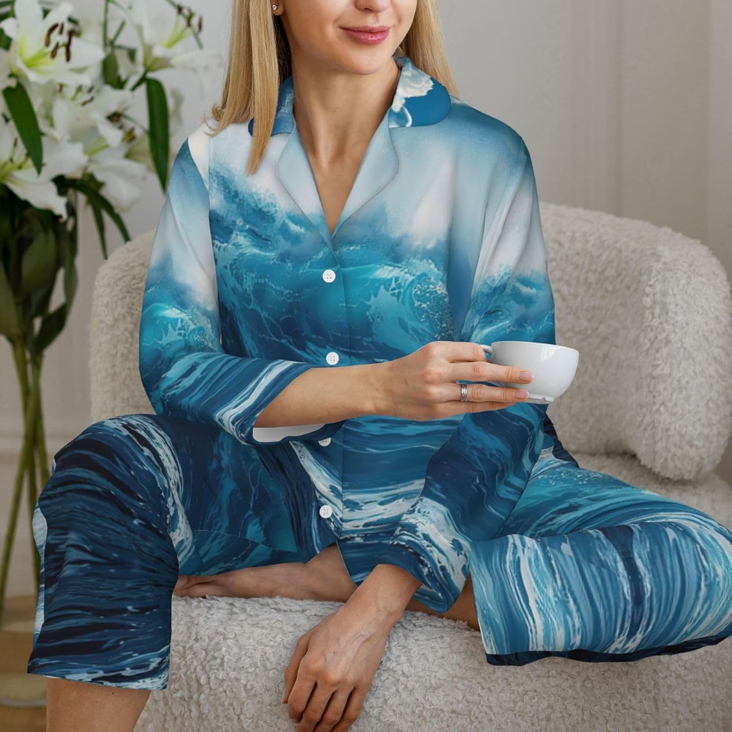 Big Ocean Wave Hd Print Christmas Pajamas,Family Loungewear Sets,For Thanksgiving And Holiday Seasons