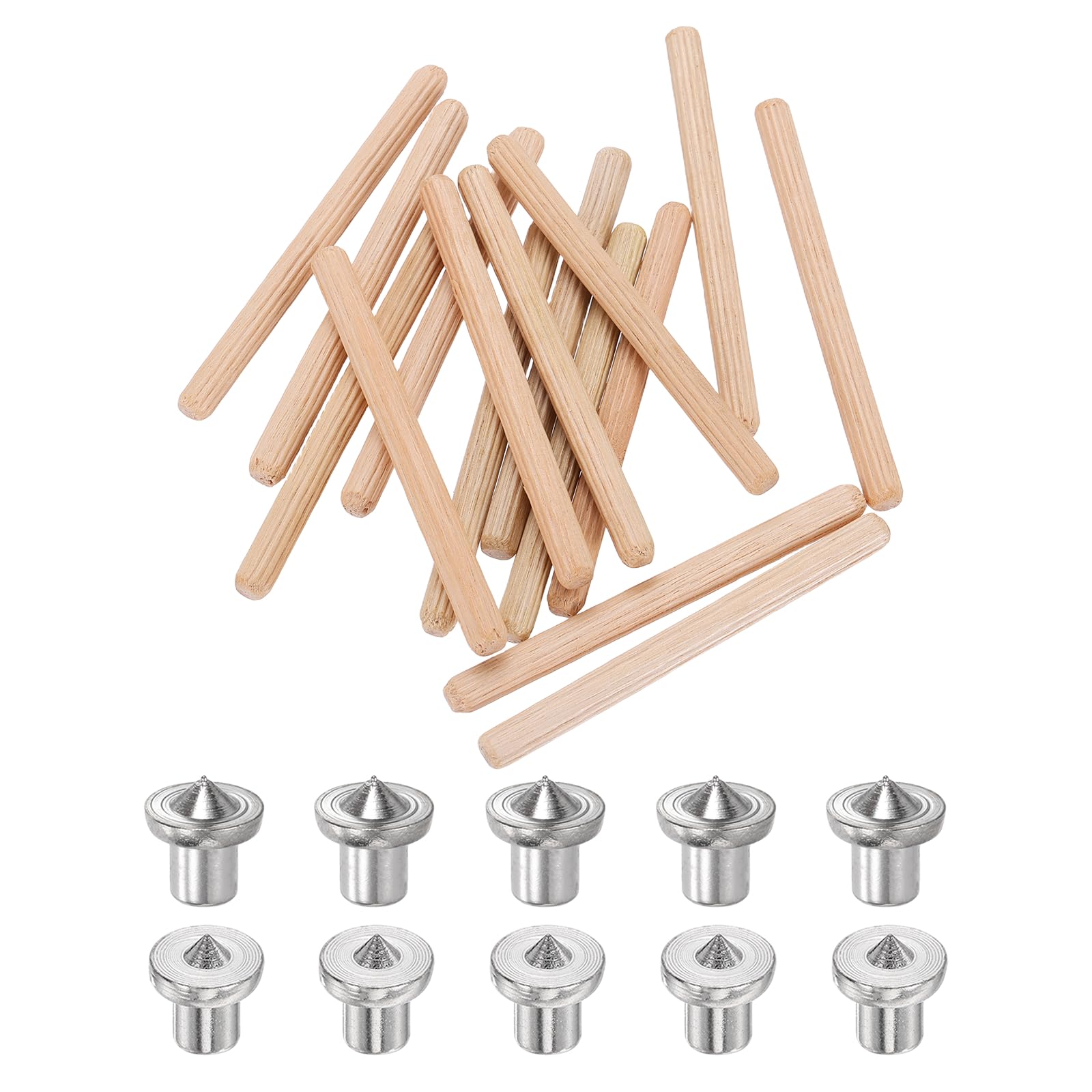 sourcing map 200Pcs Wood Dowel Pins, 5 x 60 mm Wooden Dowel Rods Straight Grooved Pins with 10Pcs Solid Hollow Dowels Tenon Center Transfer Plugs for Furniture Woodworking DIY Project