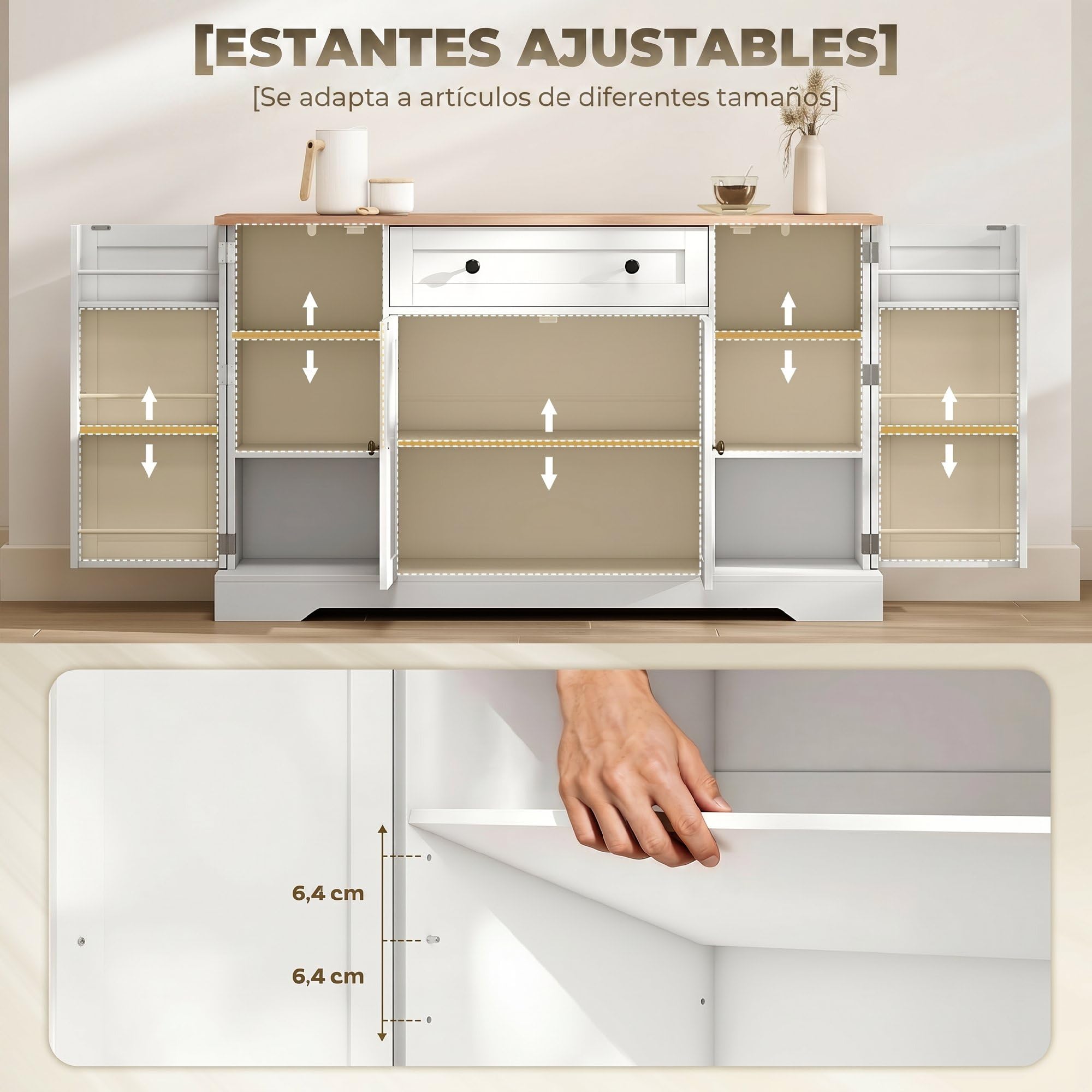 HOMCOM Aparador Armario de Cocina Moderno con Cajón 138x40x83,5 cm Blanco | Estantes en las Puertas, Estantes Ajustables, Barra de Café, para Cocina, Comedor