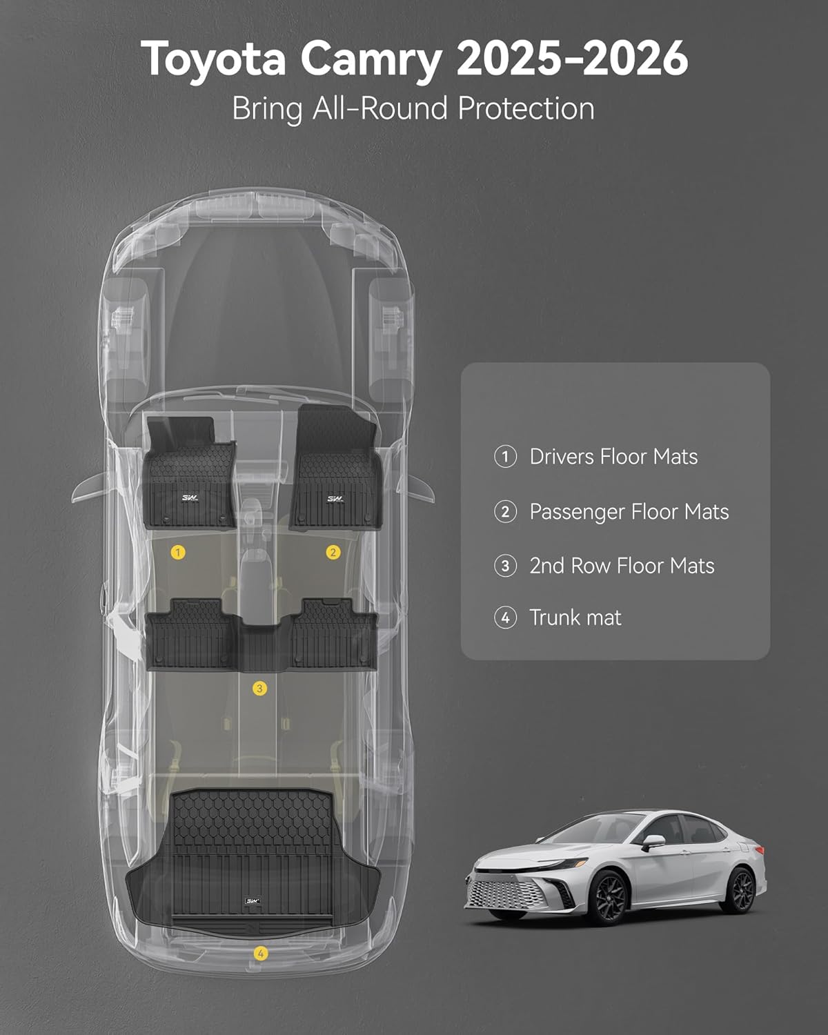 3W Floor Mats & Cargo Liner for Toyota Camry 2025 2026, TPE All Weather Custom Fit Camry(Hybrid/LE/SE/XLE/XSE), 1st & 2nd Row and Trunk Mat, Black - Image 2
