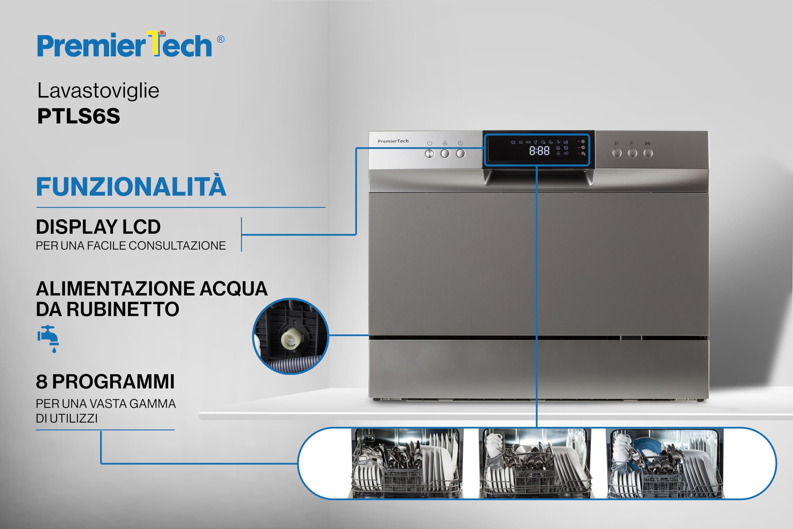 PremierTech Mini Lavastoviglie compatta da tavolo, Lavastoviglie 6 coperti, 8 programmi, Libera Installazione e Incasso, Da Appoggio, Display Led, Silver PTLS6S