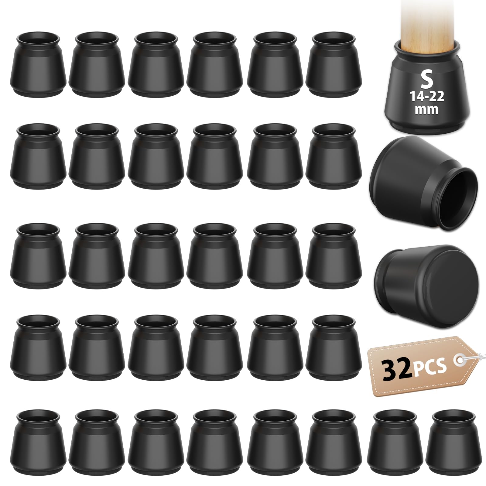 32 Pcs Round Black Chair Leg Floor Protectors, Anti-Scratch Rubber Feet Caps for Chair Table Sofa Legs, Chair foot glide carpet protector, Protect Wooden Floors and Reduce Noise(Fit:14-22mm)
