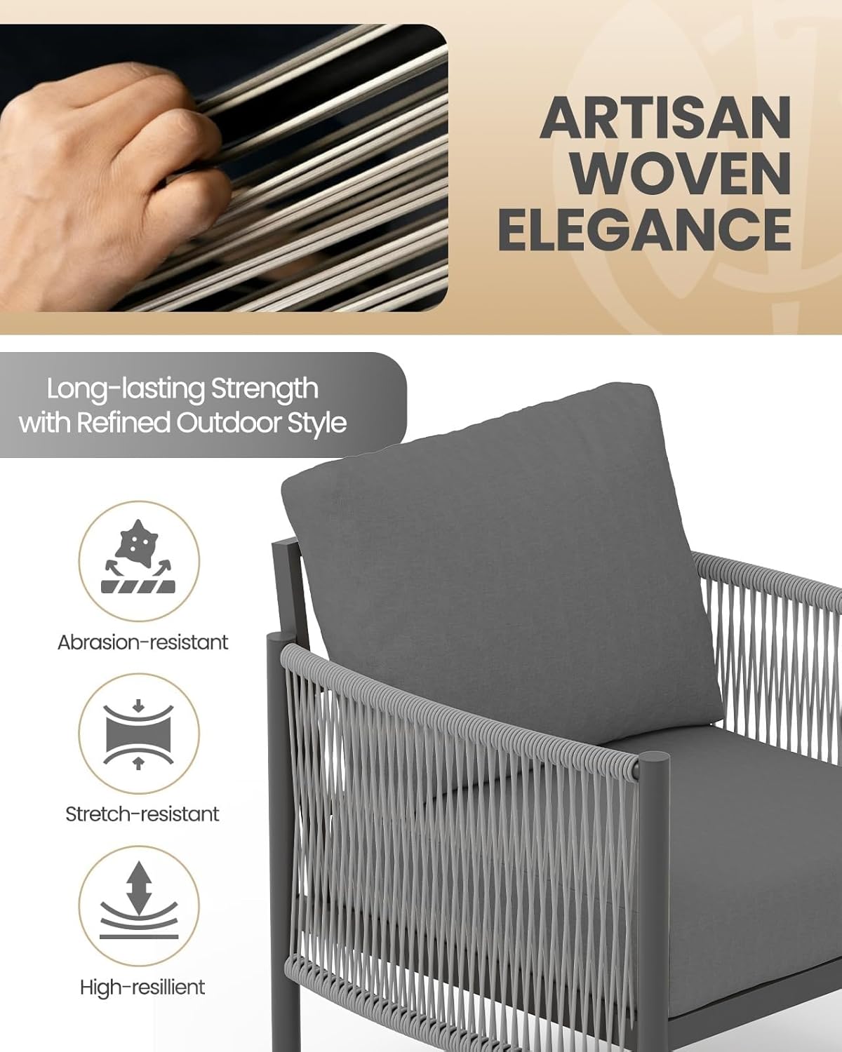 Aluminum Patio Furniture Setwith PE Rope Dual-Layer Coffee Table Luxury Patio Conversation Sets with 6" Cushions for Backyard Porch Balcony Poolside Garden