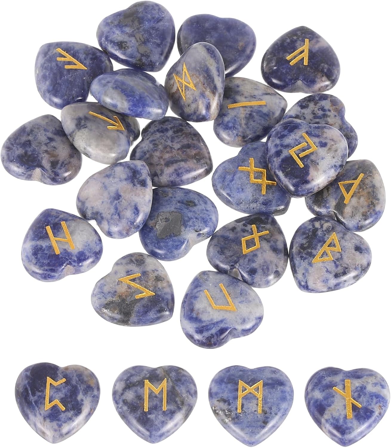 MECCANIXITY 25Pcs Rune Stones Set with Engraved Elder Futhark Alphabet, Blue Veins Stone Crystals Heart Stones Love Balancing Meditation Massage Gift Palm Worry Stones for Anxiety Relief