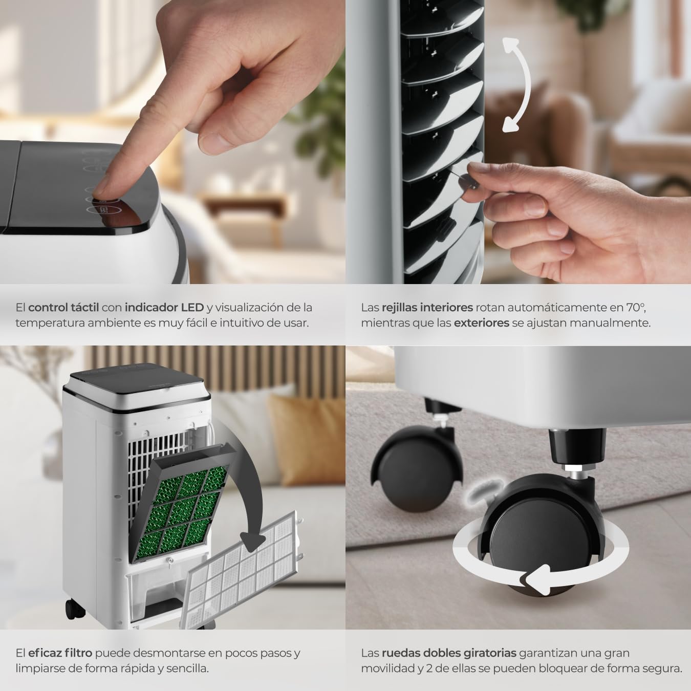 tectake® Climatizador Evaporativo, con Agua, Depósito con Indicador, Control Táctil LED, Mando a Distancia, Ventilador Silencioso, Ventilador Aire Frio - Blanco