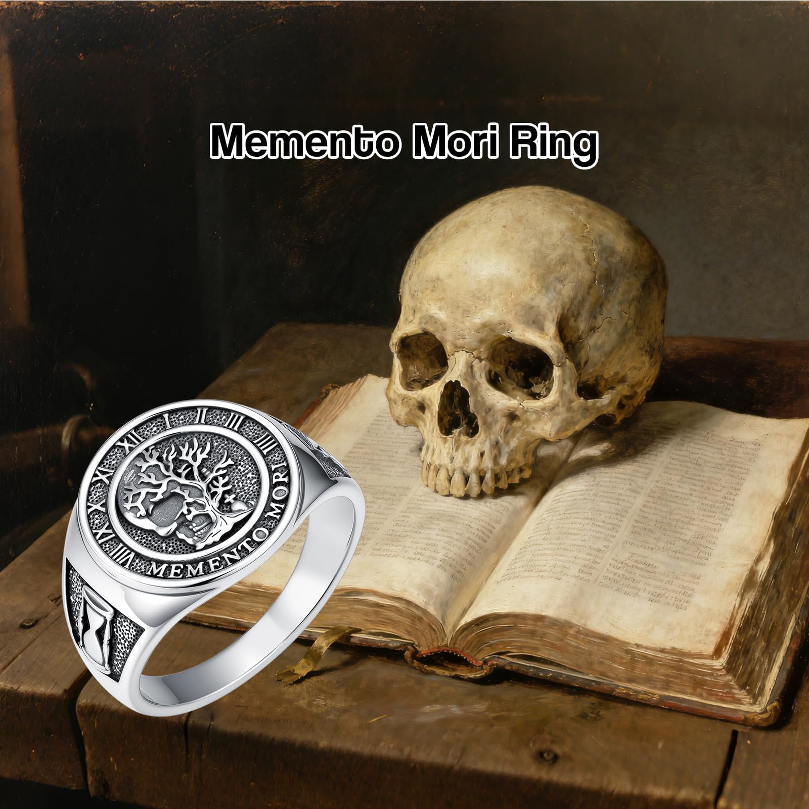 PROESS Memento Mori Totenkopf Ring 925 Sterling Silber Baum des Lebens Ring Memento Mori Schmuck Geschenk für Männer Frauen Unsex Jahrestag(Größe 9/10/11)