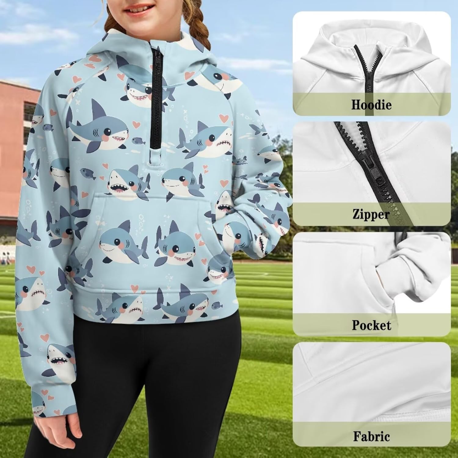 Girls Casual Long Sleeve Hoodie Half Zip Kangaroo Pocket Pullover Oversized Sweatshirt Kids Preppy Cropped Fall Top