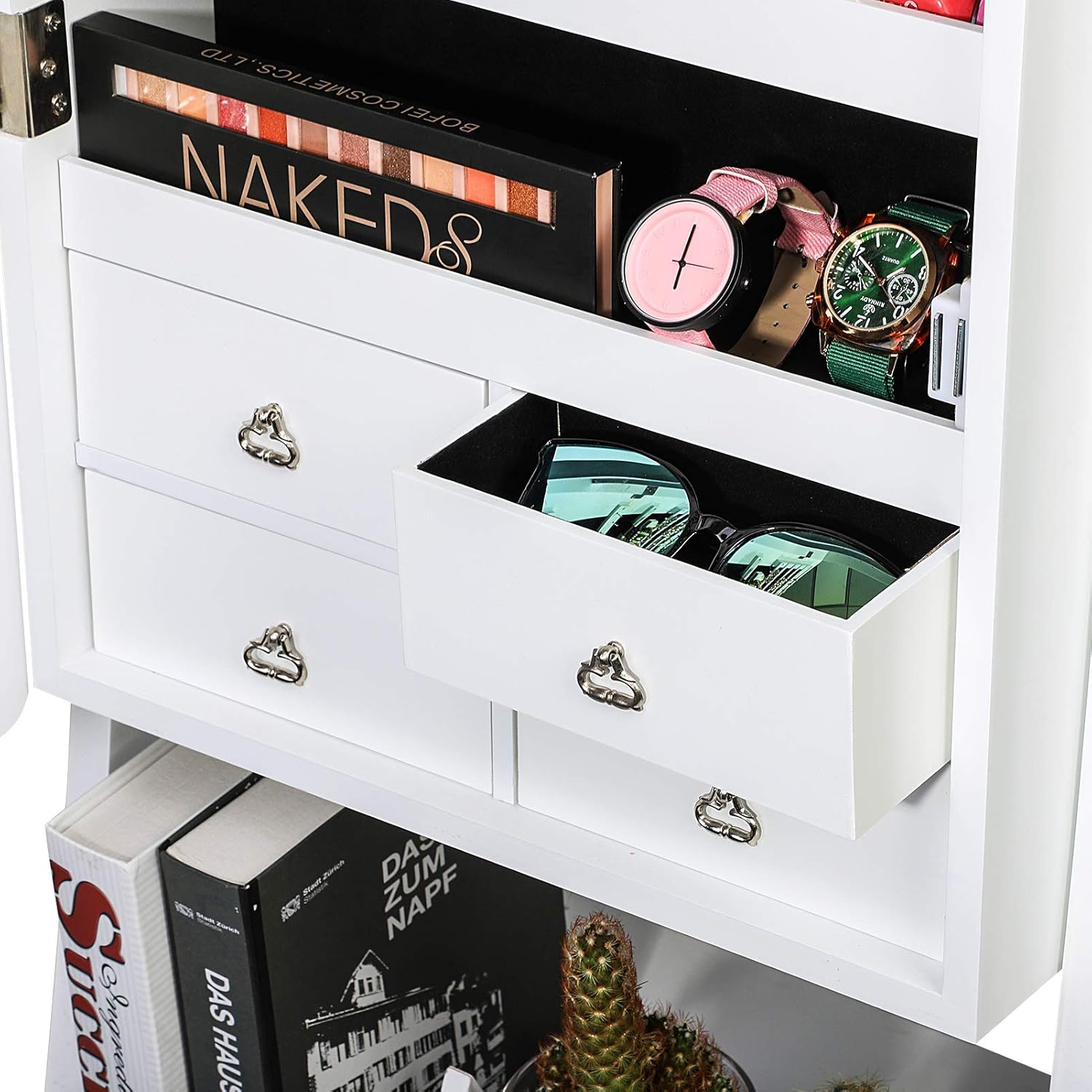 TWING Jewelry Cabinet Armoire Free Standing 6 LED Jewelry Armoire With Full Mirror, Jewelry Organizer, Mirrored Jewelry Cabinet, White : Clothing, Shoes & Jewelry