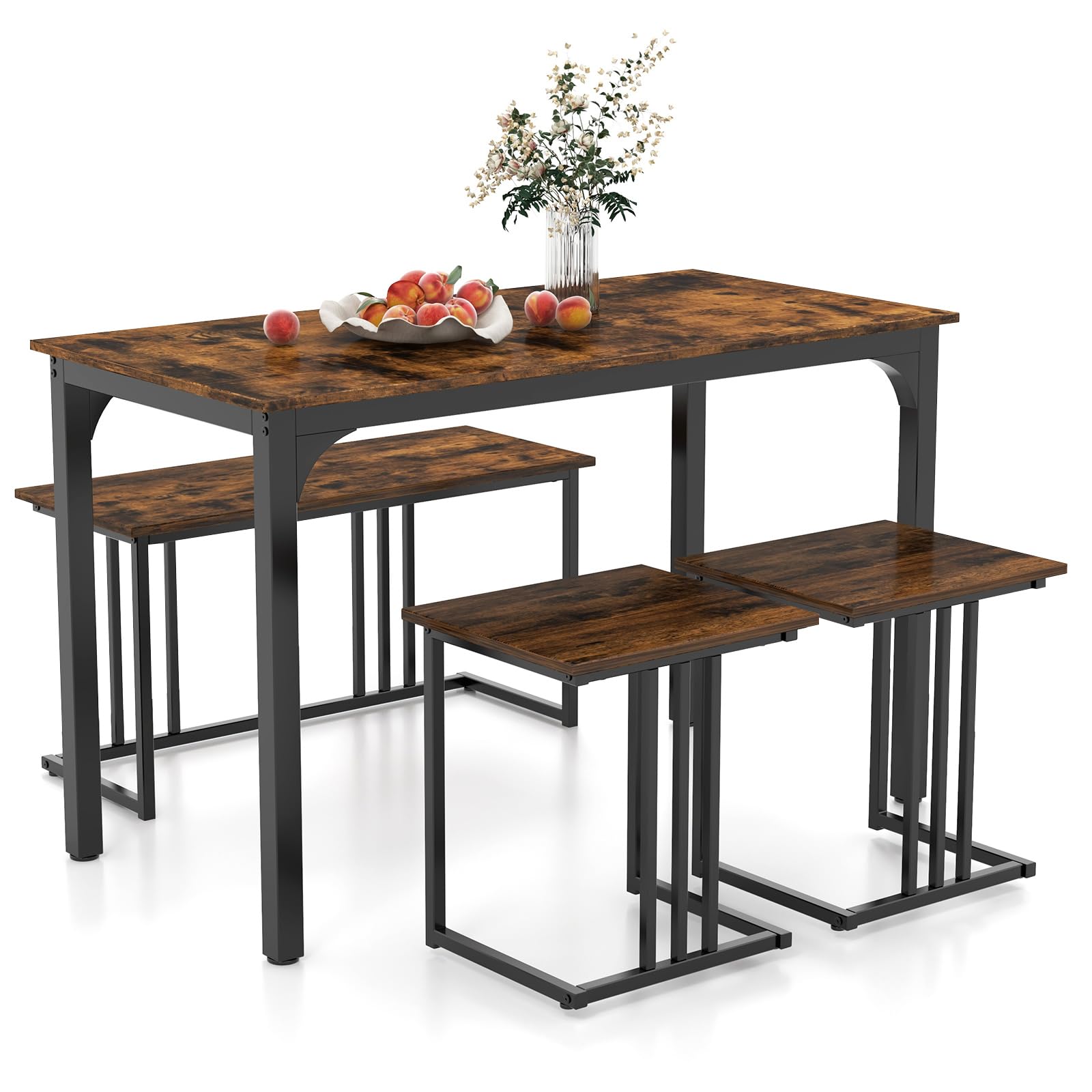 COSTWAY Esstisch mit Bank & 2 Hockern, 4er Set Küchentisch, industrielle Essgruppe für Küche, Esszimmer, Restaurant, Bartisch mit Stühlen, Sitzgruppe Vintage (120 x 60 x 75 cm,Braun) Küche, Haushalt & Wohnen