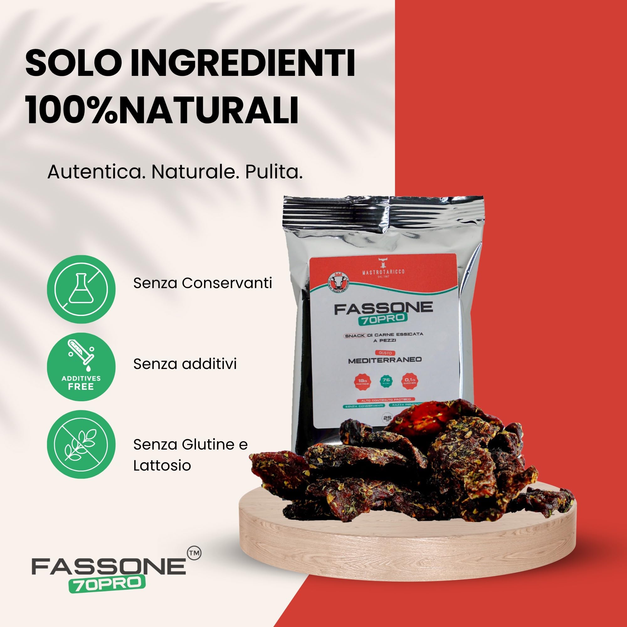 Fassone70pro Beef jerky, carne secca per umani con 70% di proteine naturali, snack proteici a base di carne essiccata per sportivi, beef protein proteine senza lattosio. (Pack da 10 confezioni)