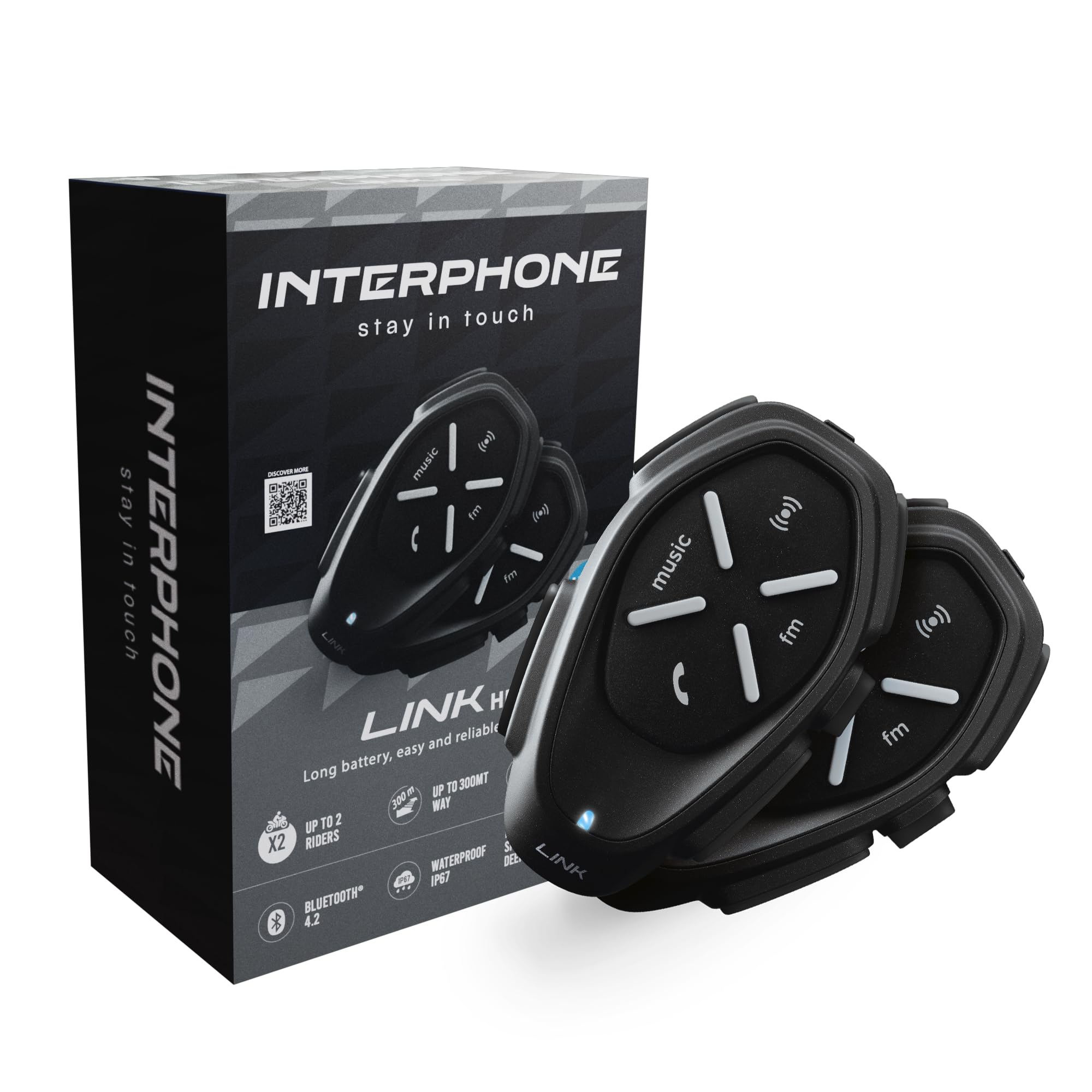 INTERPHONE LINK HD- Doppio - Interfono Casco Moto Auricolari Stereo Alta Fedeltà 40mm, Uso Pilota - Pilota, Distanza 300Mt, Autonomia 20 Ore, GPS, TFT, Impermeabile IPX67