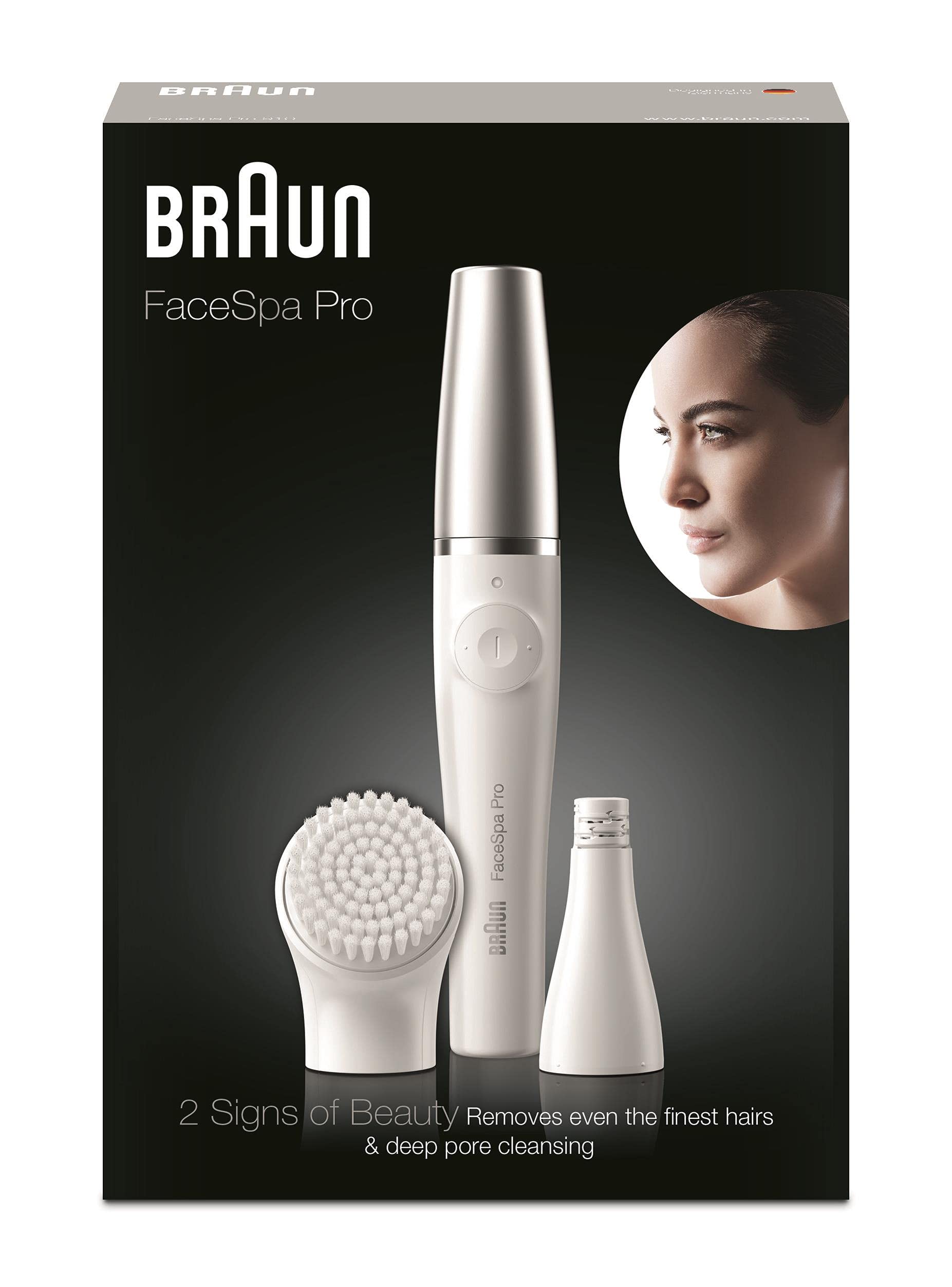 Braun FaceSpa Pro Beauty zestaw z depilatorem do twarzy dla kobiet, szczotka do oczyszczania twarzy, nasadka, usuwanie włosów i czyszczenie, prezent dla kobiet, SE910, biały/srebrny