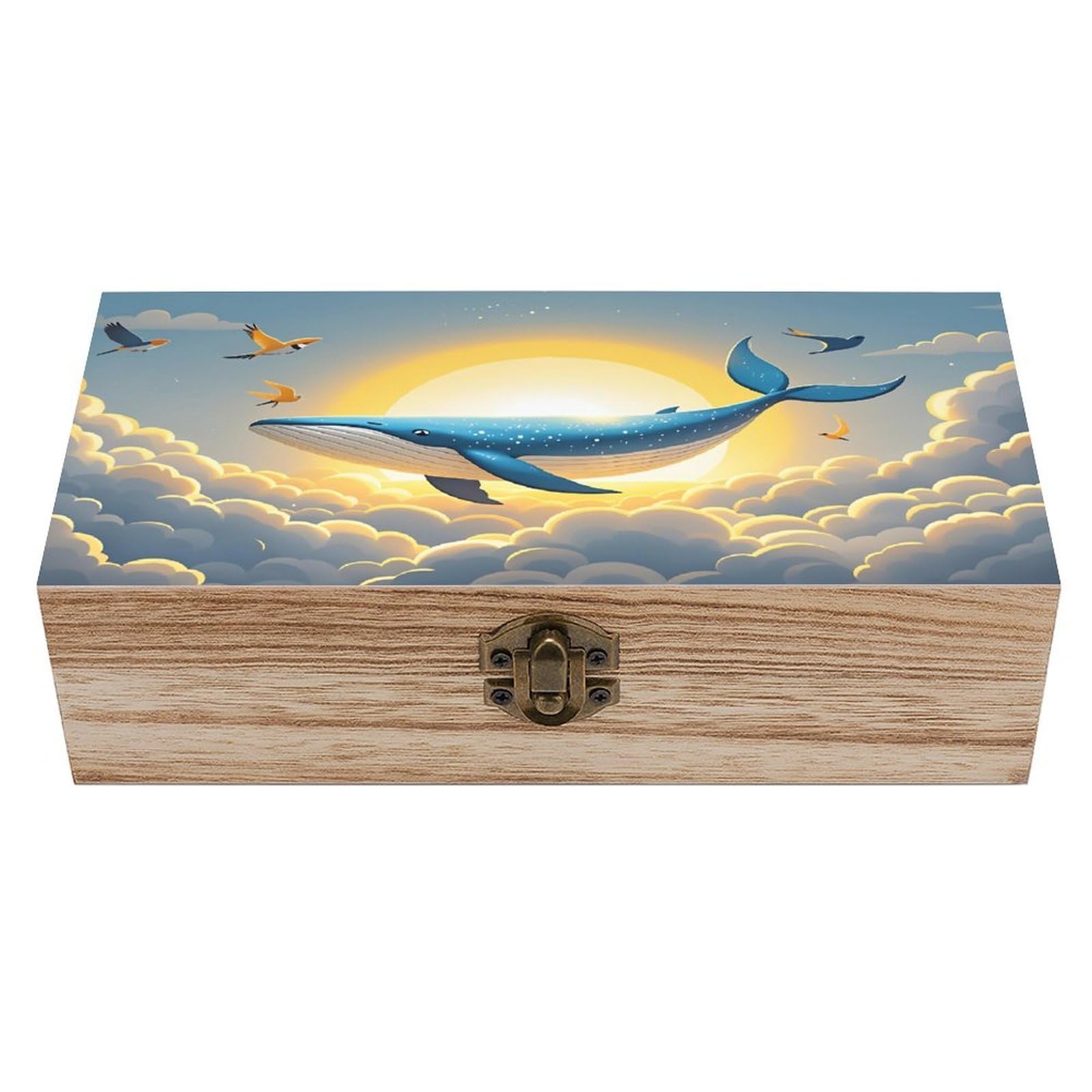 HLBSDM Whale & Stardust Wooden Storage Box with Hinged Lid,Vintage Gift Box Natural Wood Keepsake Decorative Rustic Jewelry Box 7.9" L*3.9" W*2.3" H